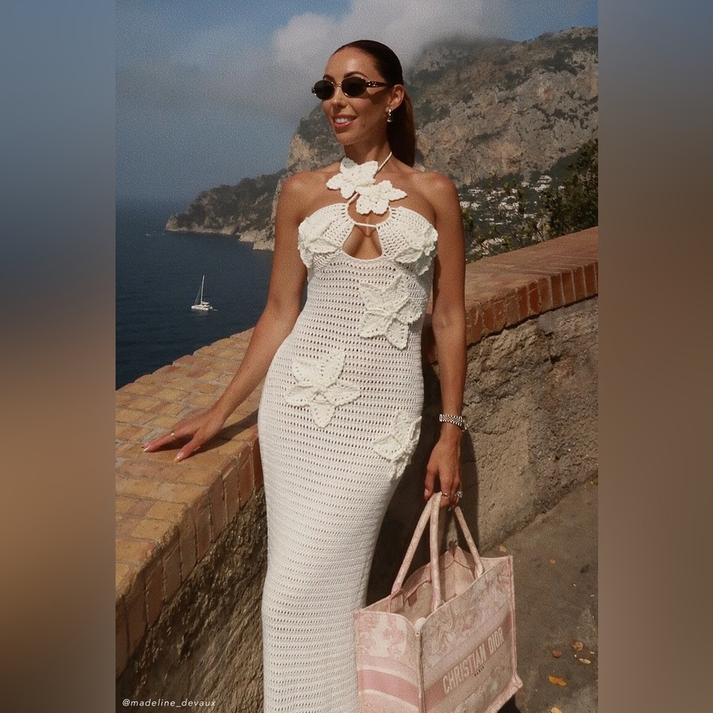 Meshki White Crochet Maxi Dress with Floral Appliqué